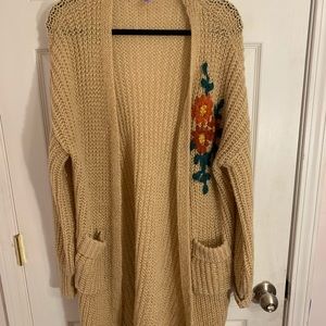 Francescas Tan Cardigan With Embroidered Flowers